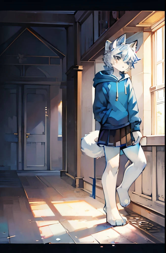 Furry, Anime furry, anthro male cat, light blue and white fur, short white hair, solo, blue sweatshirt, full body character, anime style character, digital painting, black skirt