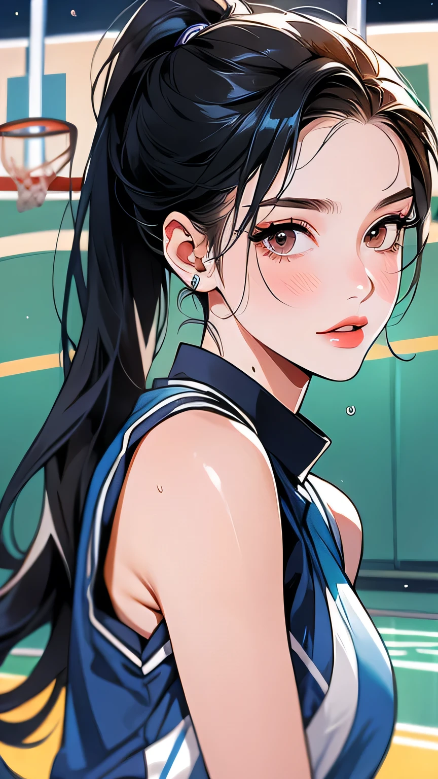 1girl, (((A very beautiful 25 year old))), cute、Looking at this、 ((Beautiful low ponytail)), Detailed face、Detailed body、とってもcute顔, Glossy Lips, Double eyelids on both eyes,Natural smile、 Natural Makeup, Long eyelashes, Shiny and smooth hair、Perfect limbs, Perfect Anatomy,(((Basketball Sleeveless Uniform)))、,(Wet with sweat), masterpiece, 最high quality, high quality, High resolution, Portrait、sexy、On the outdoor basketball court