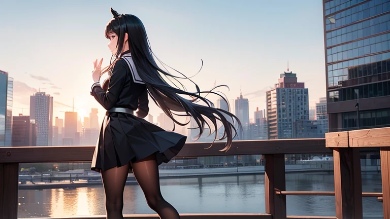 Tabletop, Highest quality, One Girl,alone,whole body,Are standing, Long Hair, High heels,school uniform,A city scape,Outdoor, city,,(chirp:1.5),(black tights:1.1),,Perfect body、(((1 female)))、(((Beautiful and accurate five fingers)))