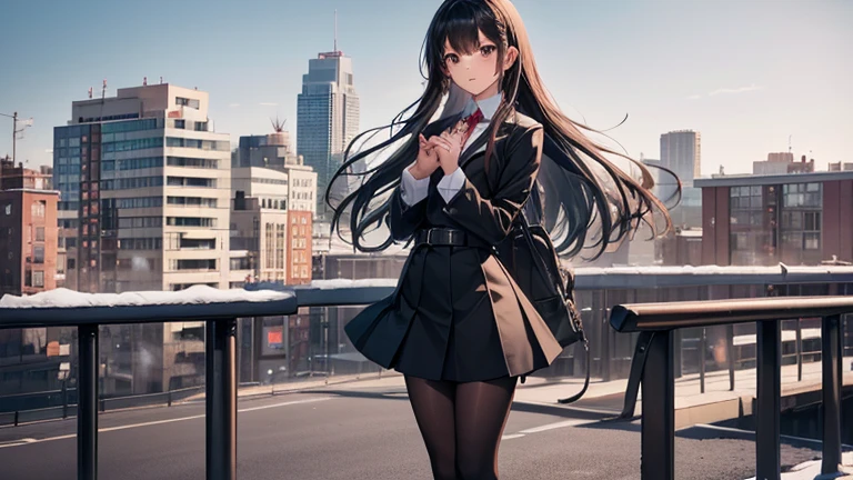 Tabletop, Highest quality, One Girl,alone,whole body,Are standing, Long Hair, High heels,school uniform,A city scape,Outdoor, city,,(chirp:1.5),(black tights:1.1),,Perfect body、(((1 female)))、(((Beautiful and accurate five fingers)))