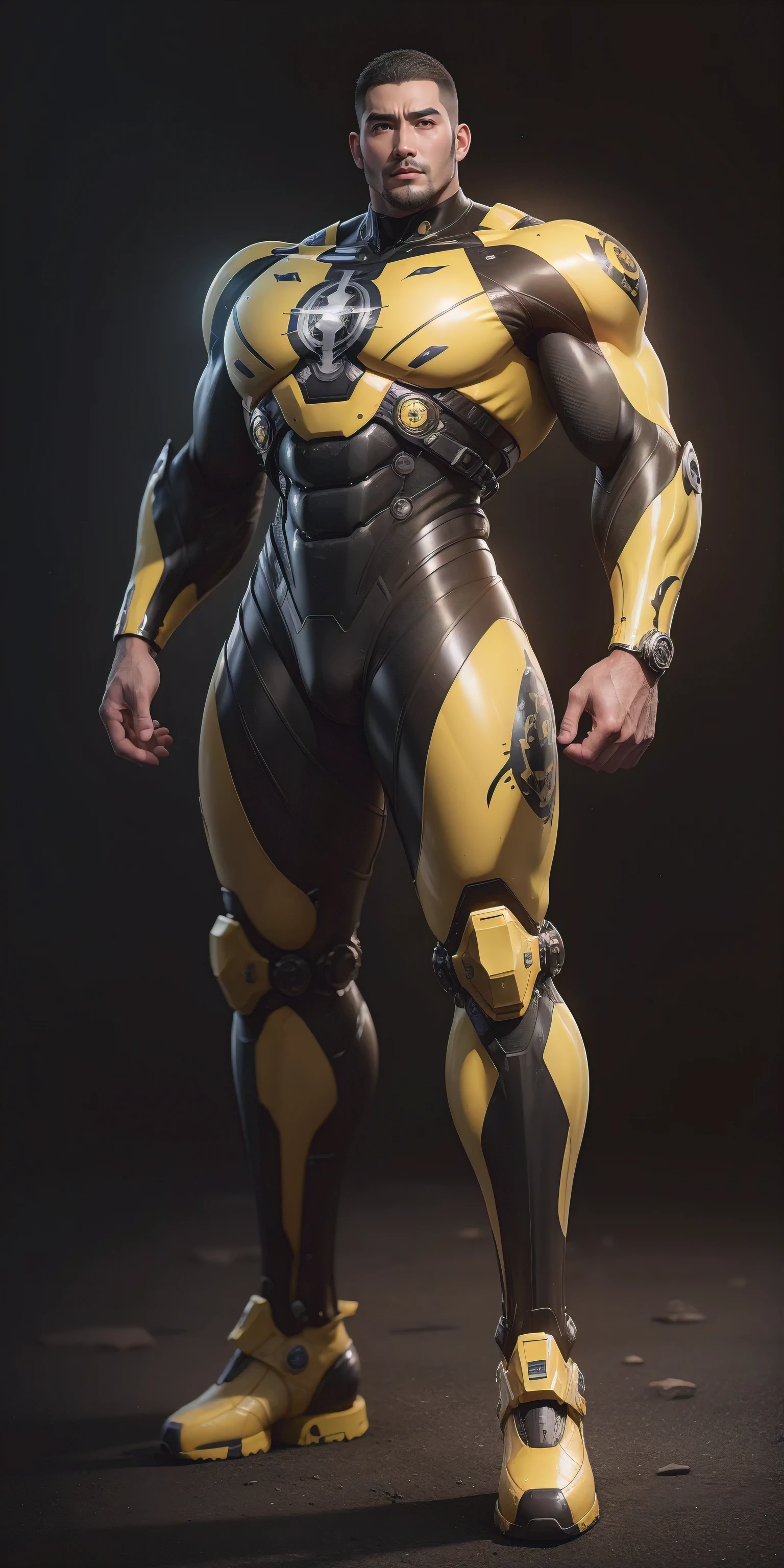 Tall giant muscular police officer,Buzz Cut,Very long legs,Yellow and black camouflage patterned nano mecha,Honeycomb pattern,Lightweight texture,Character Concept(Resident Evil - Chris Redfield,Chris Redfield)senior police officer,Small grid texture,Regular symmetrical texture pattern,Sad expression,Deep and charming eyes,Standing in a bright mechanical laboratory,Emerald Eyes Hero,Heroic male pose,Tall burly,muscular!Attractive leg muscles,High target, Burly, Heqiang, Super Buff and Coolness, High Resolution Committee, Bigfoot yellow-gray ultra-thin nano-mechanical boots,Charismatic strongman,The bright sunshine shines on you,Matte particles,Shiny texture