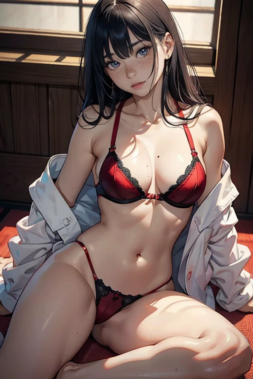 A dark-haired Japanese woman sitting on the floor with a woman wearing red underwear, A 50-year-old Japanese woman wearing white underwear, 2 Japan women, Real young gravure idol, Young and beautiful gravure idol, 8k)), 若いSensualグラビアアイドル, Glowing Skin!!, Shiny silver, Mole under left eye,Cute freckles on the cheeks,((Beautiful Skin)),((Skin Texture)),((Real Touch)),healthy, red tint, looking at the camera,Emphasized thighs,Beautiful clavicle,(Embellished Detail Bra,Sensual )