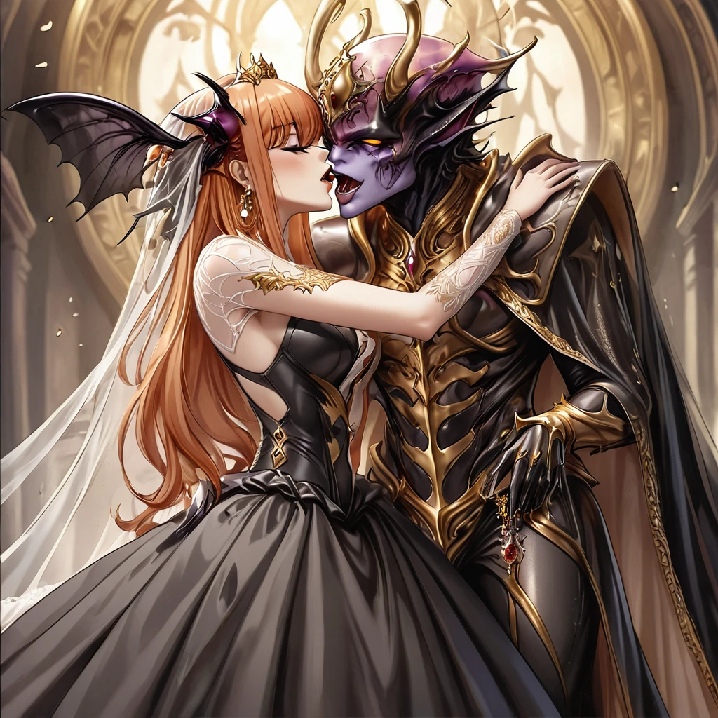 ((Highest quality)), ((masterpiece)), (detailed), （Perfect Face）、The woman is Maya Cordelia, the Demon Queen, with orange semi-long hair. She is wearing a luxurious black vintage wedding dress with gold embroidery and trim, along with a black wedding veil. She is also adorned with luxurious earrings and an engagement ring, completing her look with opulent accessories.、The woman embraces Beelzebub, the Devil and the wicked Lord of Flies, and they share a vowing kiss, celebrating their demonic wedding.、The woman became the wife of Beelzebub, the Lord of Flies, and as the Fly Queen, became the companion of the Lord of Flies, spending her life with him.、The woman deeply loves her husband, Beelzebub, the great Lord of Flies, the Devil of Flies.、The man is Beelzebub, the dignified, strong Lord of Flies, the Demon King of the Demon Race, a Great Demon of monstrous form.