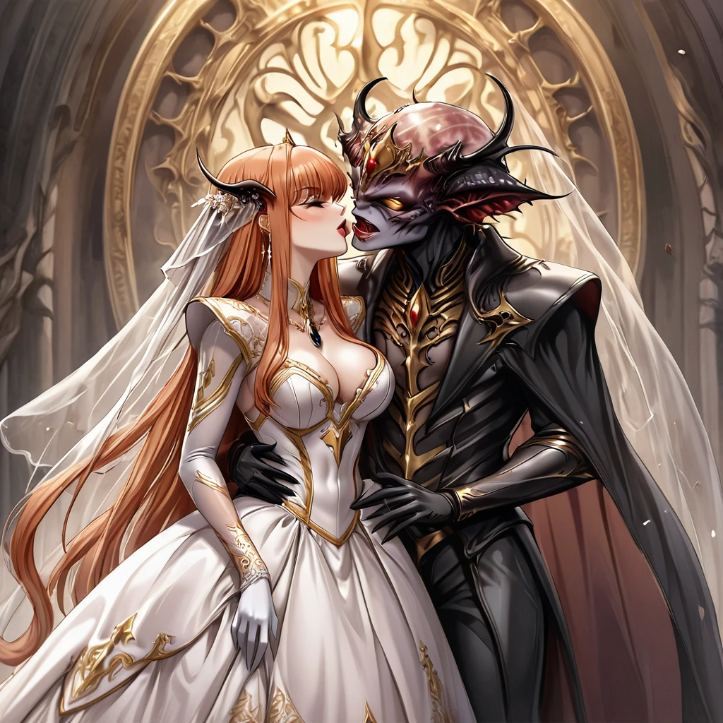 ((Highest quality)), ((masterpiece)), (detailed), （Perfect Face）、The woman is Maya Cordelia, the Demon Queen, with orange semi-long hair. She is wearing a luxurious black vintage wedding dress with gold embroidery and trim, along with a black wedding veil. She is also adorned with luxurious earrings and an engagement ring, completing her look with opulent accessories.、The woman embraces Beelzebub, the Devil and the wicked Lord of Flies, and they share a vowing kiss, celebrating their demonic wedding.、The woman became the wife of Beelzebub, the Lord of Flies, and as the Fly Queen, became the companion of the Lord of Flies, spending her life with him.、The woman deeply loves her husband, Beelzebub, the great Lord of Flies, the Devil of Flies.、The man is Beelzebub, the dignified, strong Lord of Flies, the Demon King of the Demon Race, a Great Demon of monstrous form.