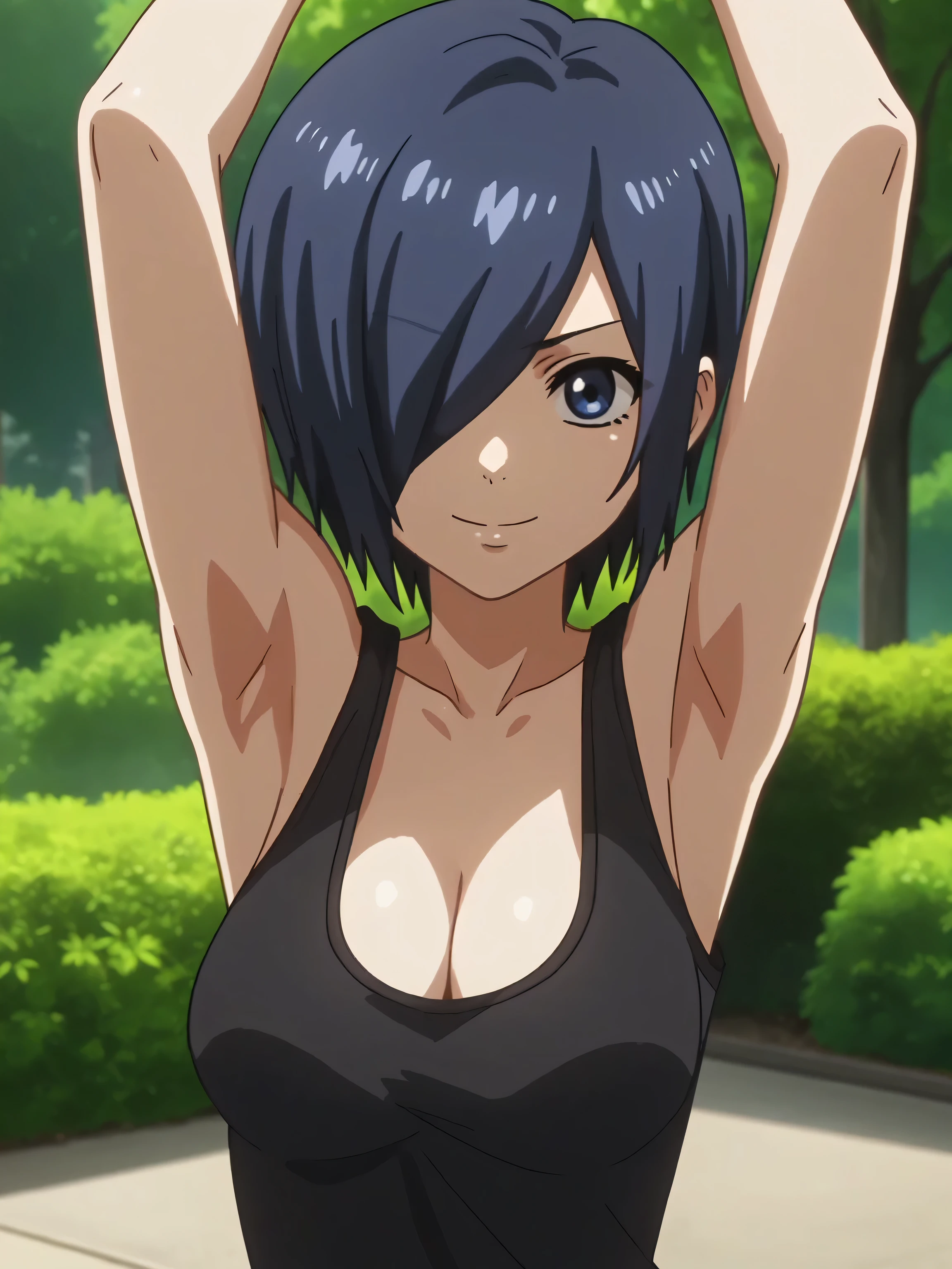 score_9, score_8_up, score_7_up, source_anime, anime screencap, outdoors, day, park, 1girl, solo, kirishima touka, blue hair, hair over one eye, blue eyes, medium breasts, cleavage, collarbone, tank top, black tank top, sleeveless, bare shoulders, bare arms, looking at viewer, eye contact with viewer, smile, closed mouth, arms up, raised arms, armpits