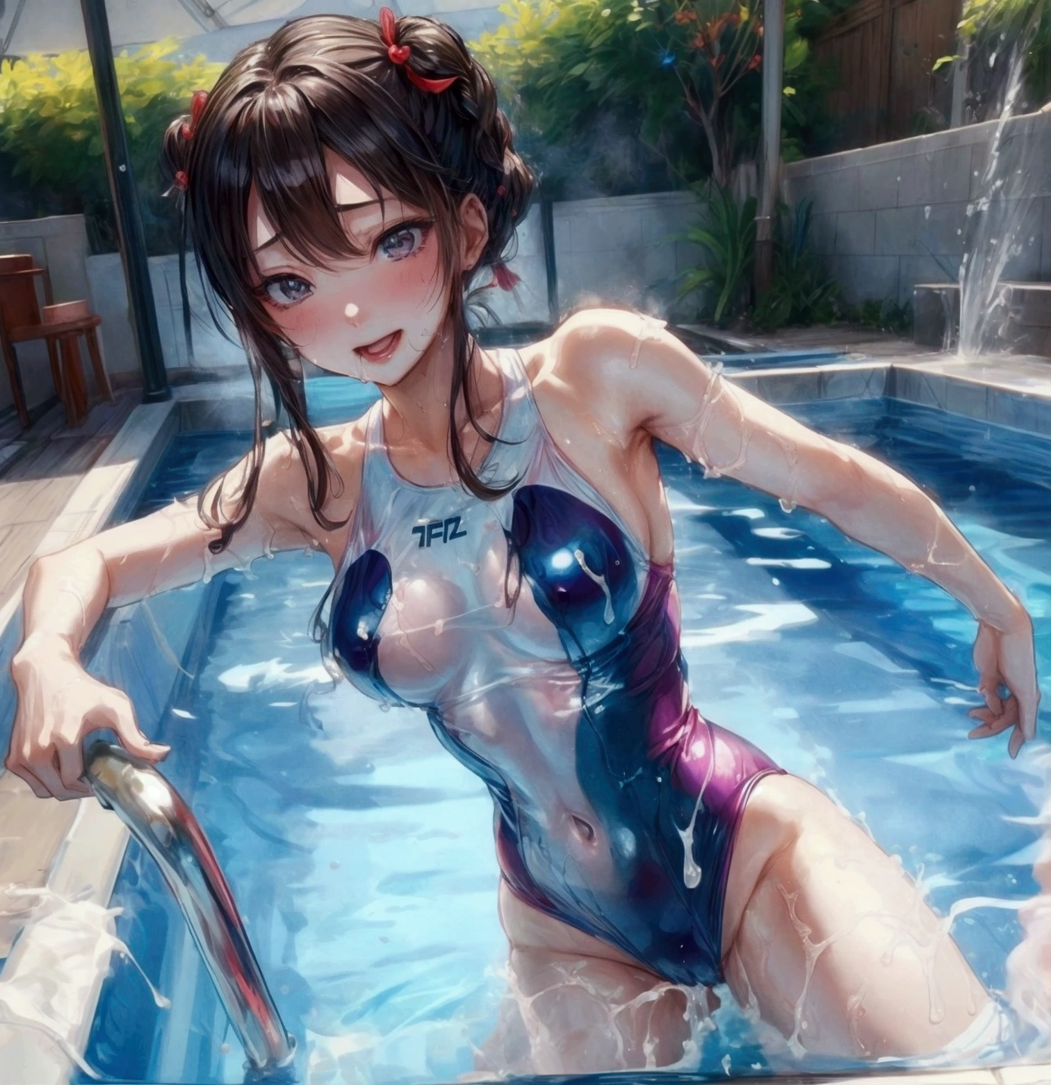 NSFW、swimming pool、Seen by everyone、股間にejaculationしている上向きの勃起ペニスが付いている女性、One piece swimsuit、オナニーしてペニスからejaculation、Ecstasy face、Ecstasy、Highest quality、Beautiful Face、、Squirting、