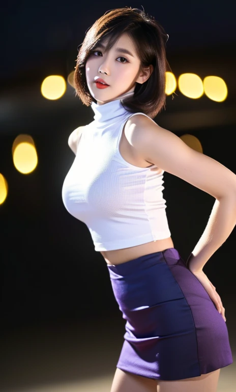 ( (((A beautiful woman))), (Starry night),(((detailed face))),(flawless complexion), perfect body anatomy, hands on hips, huge breasts,pretty,white sleeveless turtle neck, white silky clothes, purple mini-skirt, 4k , super high resolution ,(photo-realistic: 1.7),dark background,black short hair, ((SFW)), cowboy_shot, night bokeh, SFW)