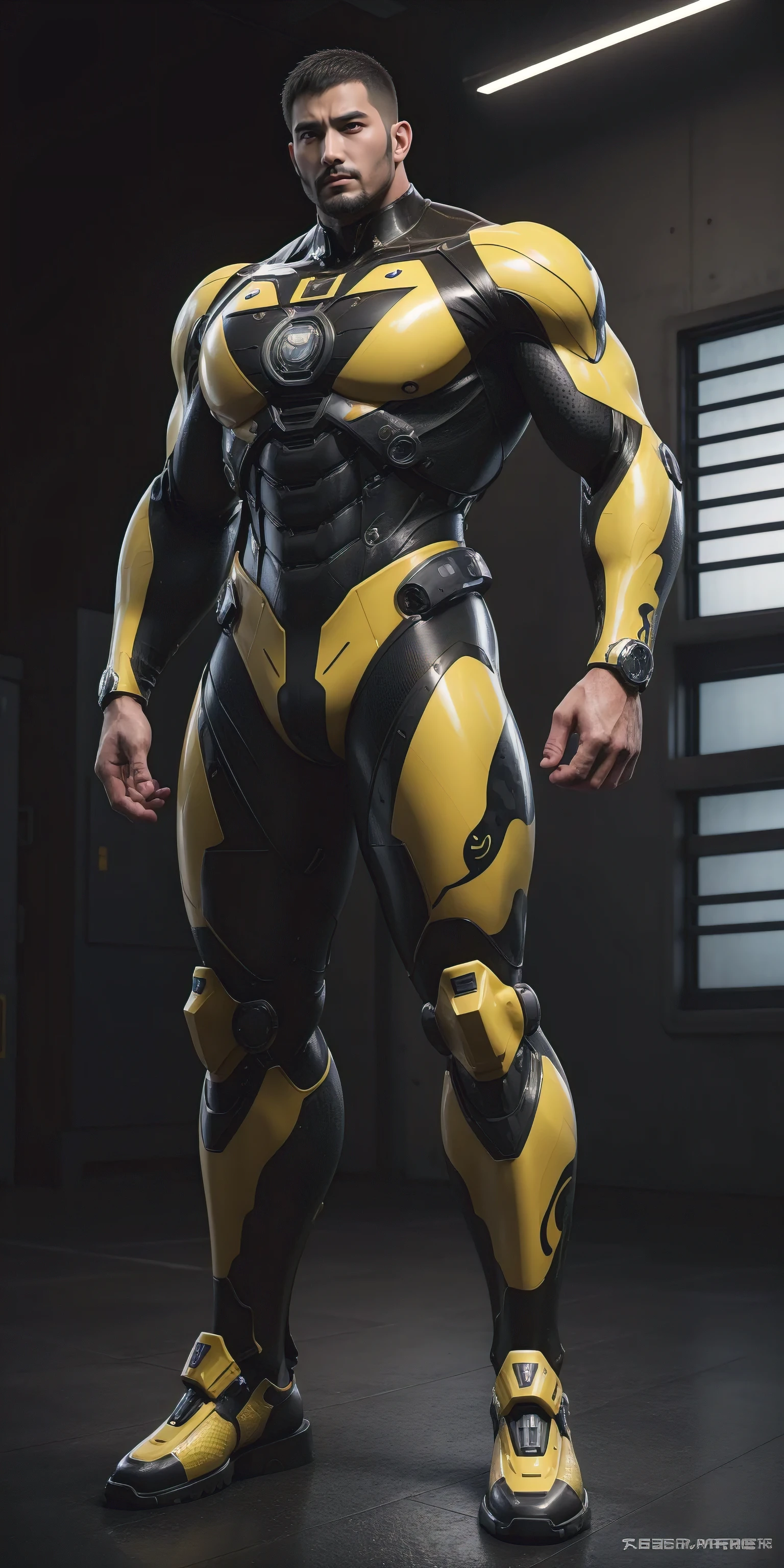 Tall giant muscular police officer,Buzz Cut,Very long legs,Yellow and black camouflage patterned nano mecha,Honeycomb pattern,Lightweight texture,Character Concept(Resident Evil - Chris Redfield,Chris Redfield)senior police officer,Small grid texture,Regular symmetrical texture pattern,Sad expression,Deep and charming eyes,Standing in a bright mechanical laboratory,Emerald Eyes Hero,Heroic male pose,Tall burly,muscular!Attractive leg muscles,High target, Burly, Heqiang, Super Buff and Coolness, High Resolution Committee, Bigfoot yellow-gray ultra-thin nano-mechanical boots,Charismatic strongman,The bright sunshine shines on you,Matte particles,Shiny texture