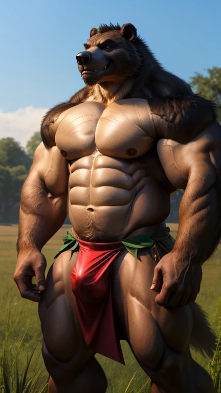 The upper body is bare and muscular, a male beastman character based on a jet-black bear.。Loincloth。
Loinclothの前は大きく丸く滑らかに膨らんでいる。nice bulge。
A male beastman with jet-black fur stands facing forward。
The background is a grassland。Daytime background。
A friendly smile。
Illustration style character。Black body hair。
Highest quality。8k。16K。Highest quality。