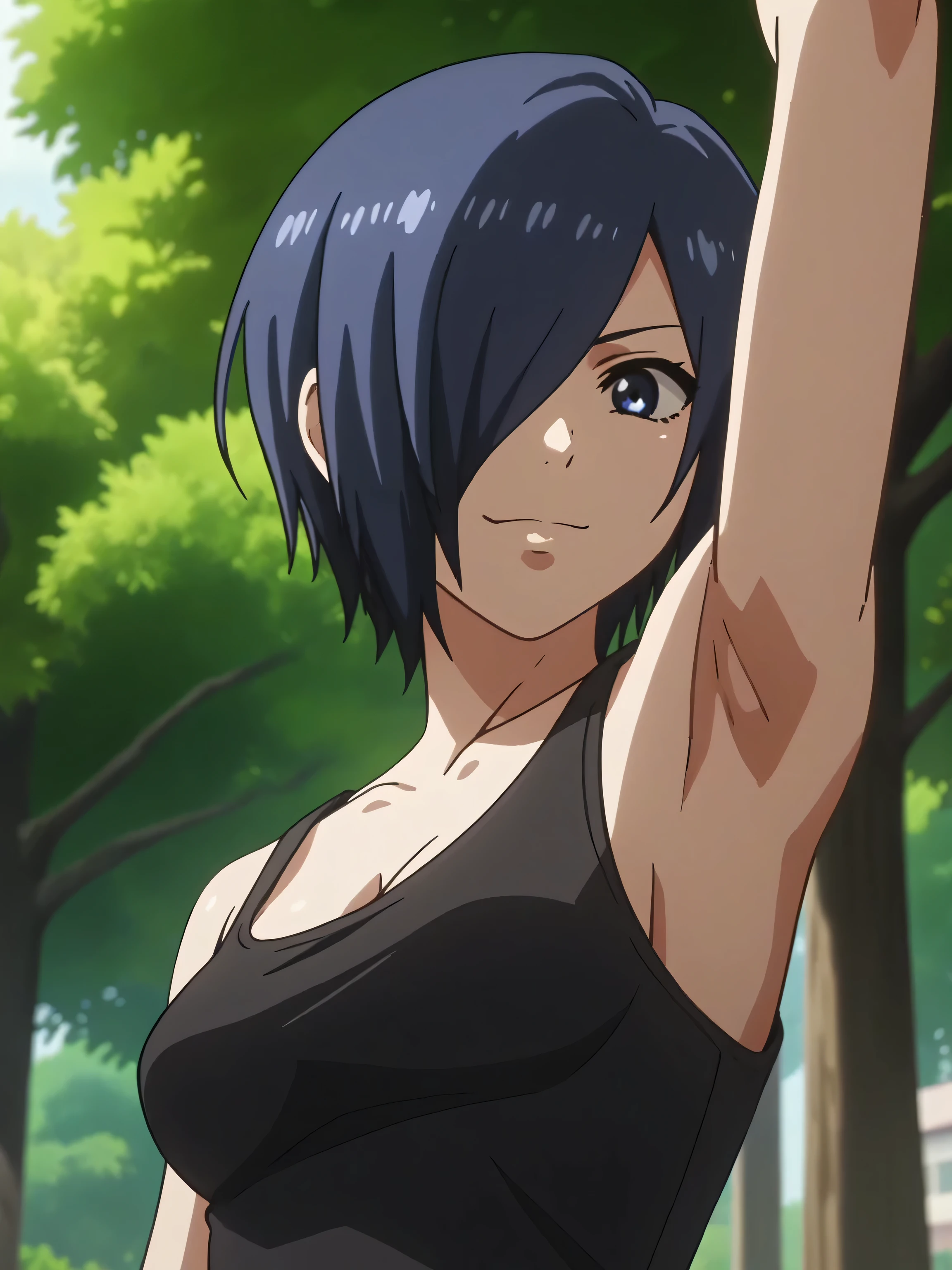 score_9, score_8_up, score_7_up, source_anime, anime screencap, outdoors, day, park, 1girl, solo, kirishima touka, blue hair, hair over one eye, blue eyes, medium breasts, cleavage, collarbone, tank top, black tank top, sleeveless, bare shoulders, bare arms, looking at viewer, eye contact with viewer, smile, closed mouth, arm up, raised arm, armpit, from side, from below,