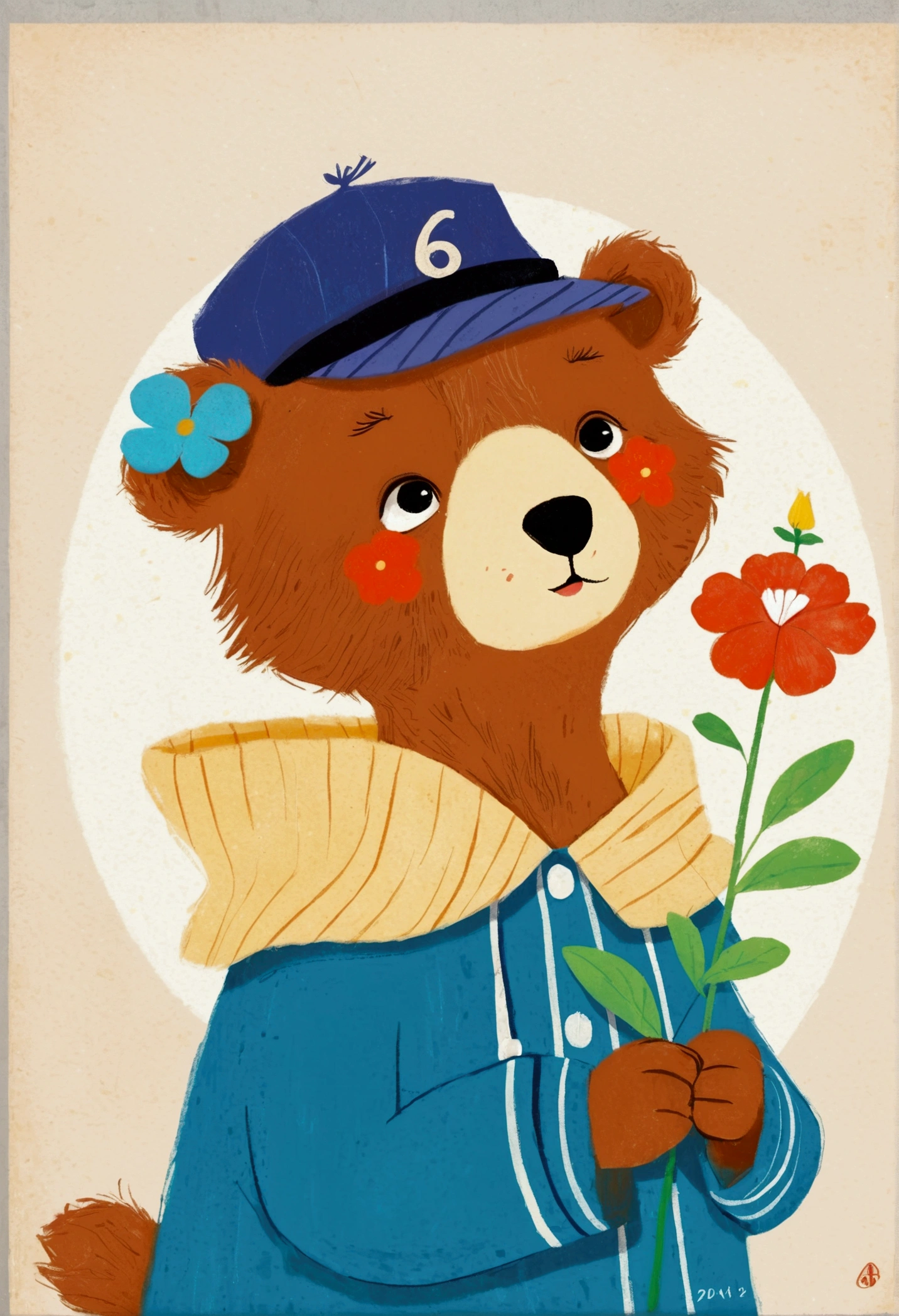 There is a poster,There is a cartoon bear holding a flower on it, Concept art inspired by Jean Hélion, Popular on Pixiv, School of Paris, 2 0 2 4, 2024, 2023, 2 0 2 3, concept art 2022, 2 0 2 2, 2022, 2447