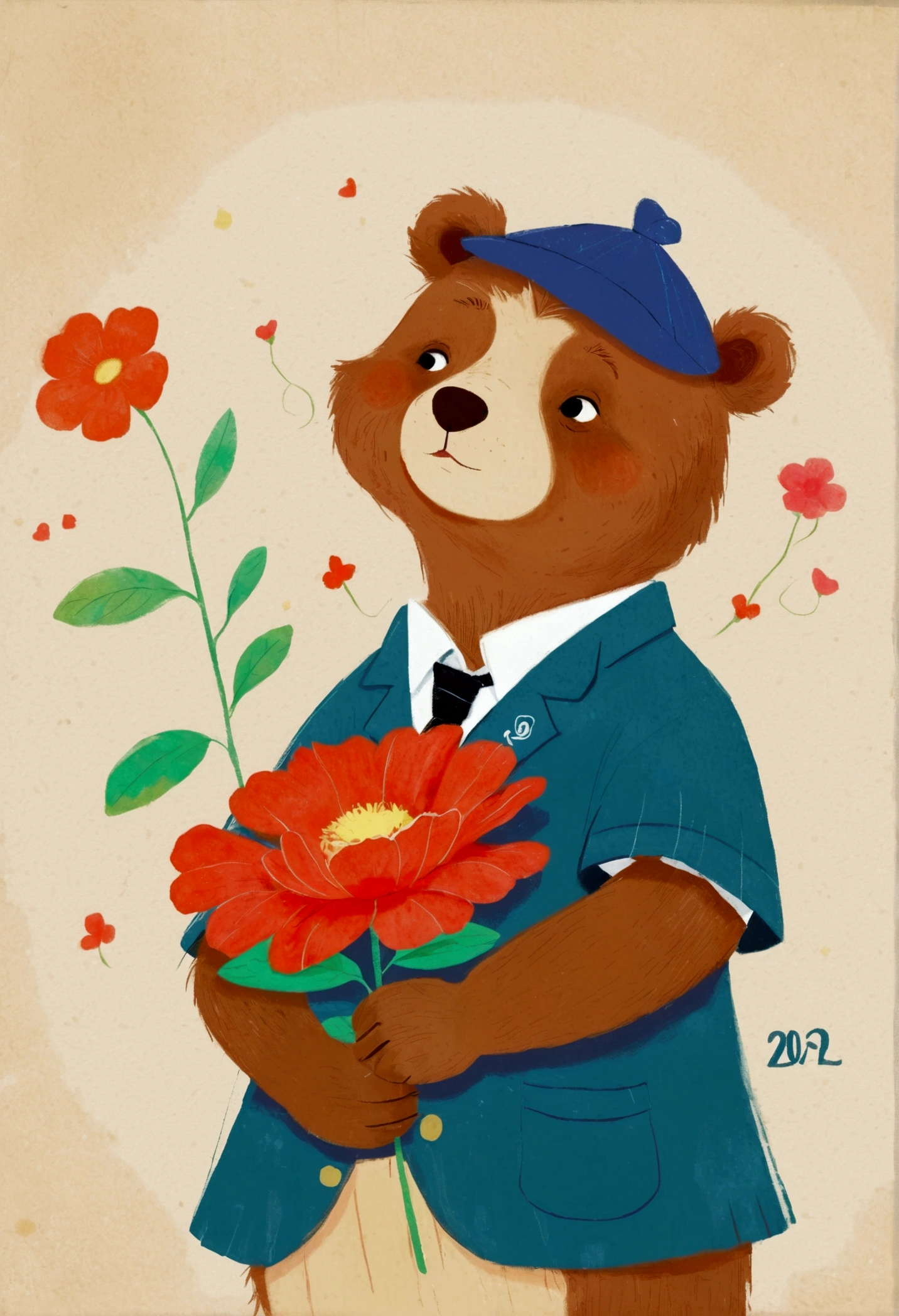 There is a poster，There is a cartoon bear holding a flower on it, Concept art inspired by Jean Hélion, Popular on Pixiv, School of Paris, 2 0 2 4, 2024, 2023, 2 0 2 3, concept art 2022, 2 0 2 2, 2022, 2447