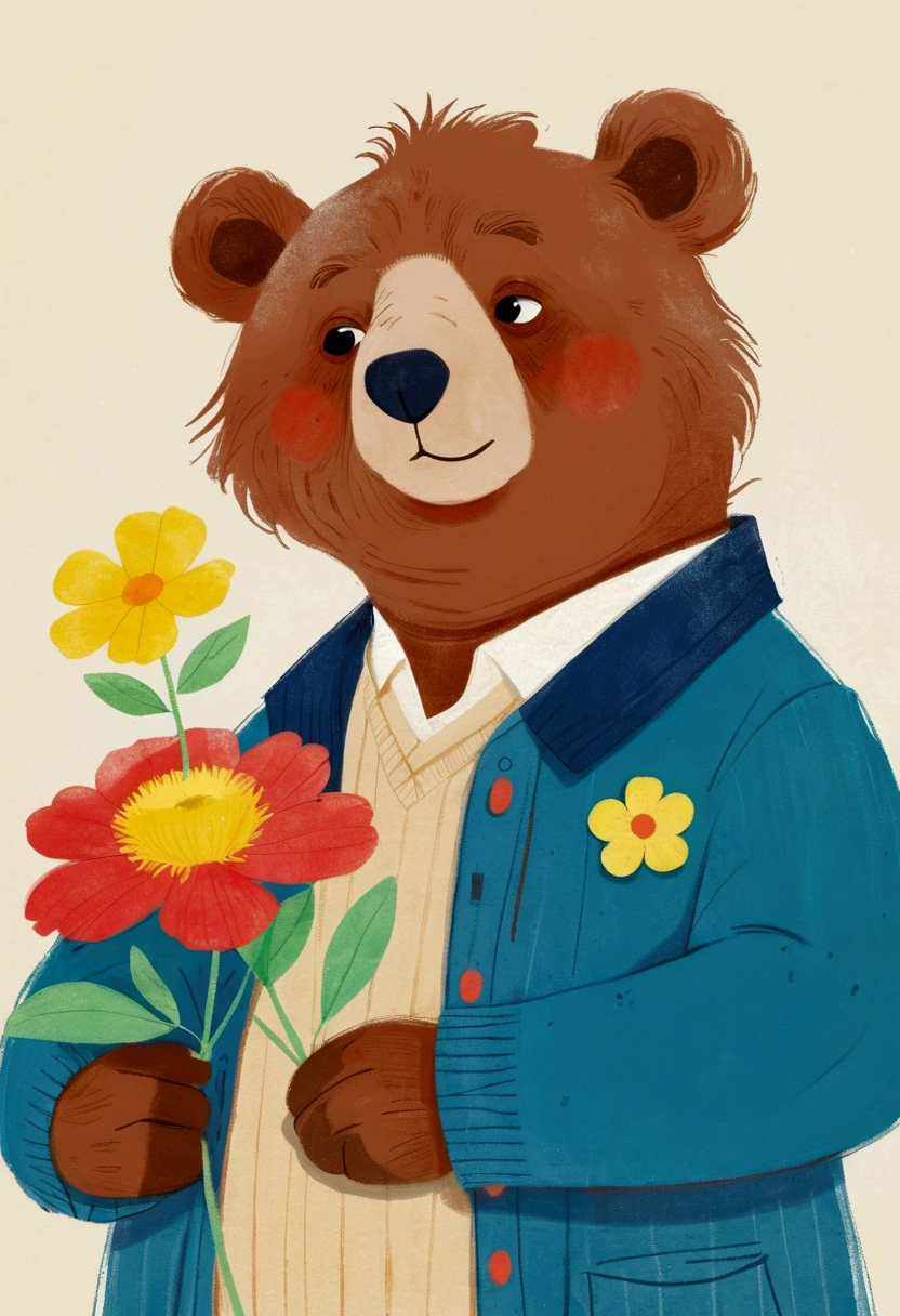 There is a poster，There is a cartoon bear holding a flower on it, Concept art inspired by Jean Hélion, Popular on Pixiv, School of Paris, 2 0 2 4, 2024, 2023, 2 0 2 3, concept art 2022, 2 0 2 2, 2022, 2447