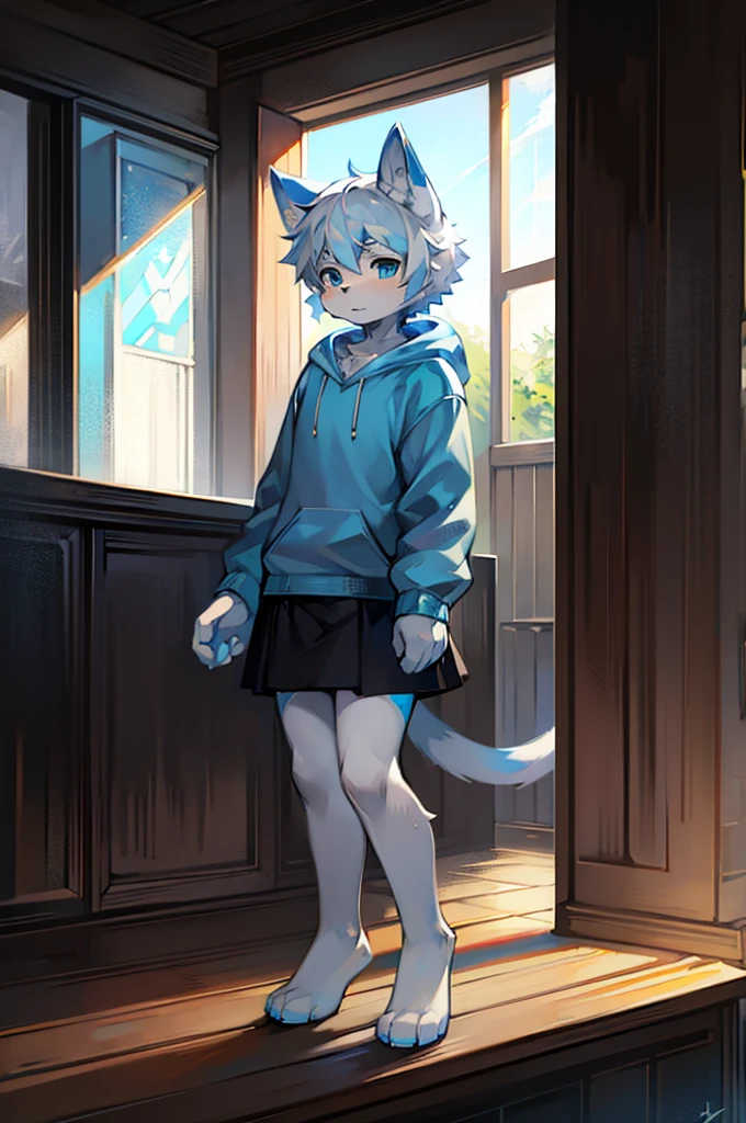 Furry, Anime furry, anthro male cat, light blue and white fur, short white hair, solo, blue sweatshirt, full body character, anime style character, digital painting, black skirt