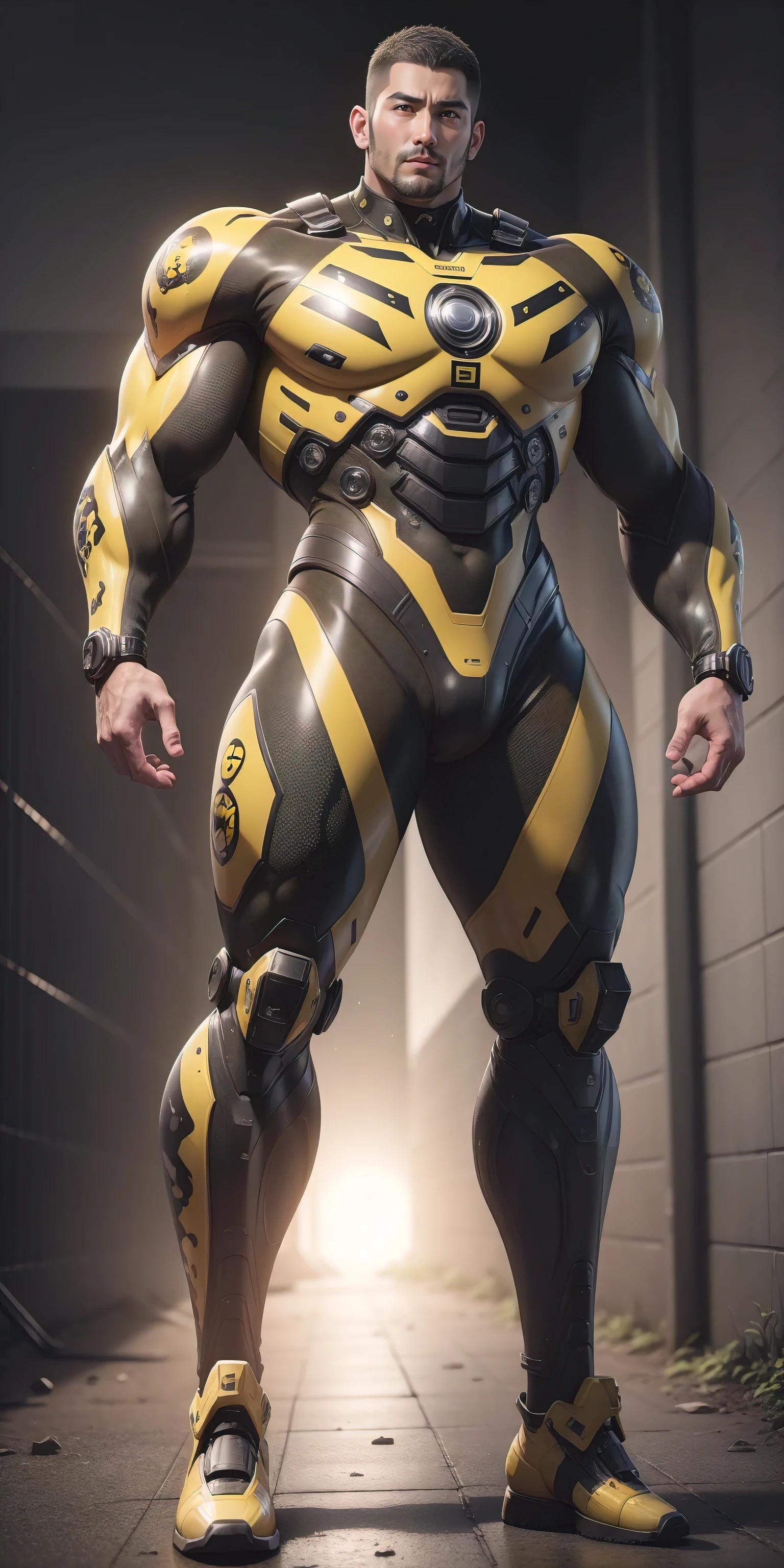 Tall giant muscular police officer,Yellow and black camouflage patterned nano mecha,Honeycomb pattern,Lightweight texture,Character Concept(Resident Evil - Chris Redfield,Chris Redfield)senior police officer,Small grid texture,Regular symmetrical texture pattern,Sad expression,Deep and charming eyes,Standing in a bright mechanical laboratory,Emerald Eyes Hero,Heroic male pose,Tall burly,muscular!Attractive leg muscles,High target, Burly, Heqiang, Super Buff and Coolness, High Resolution Committee, Bigfoot yellow-gray ultra-thin nano-mechanical boots,Charismatic strongman,The bright sunshine shines on you,Matte particles,Shiny texture