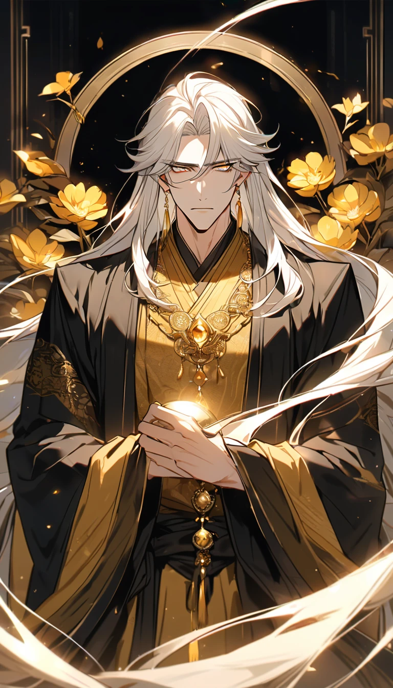 Handsome, solo, 1 male, (Cold expression), long hair, white hair, yelow eye,sharp eyes, deep gold colored eyes, dark golden colored eyes, deep gold eyes, gold eyes, wearing a black Hanfu, bul blackHanfu, Charming male god, Slightly muscular body,High target,8K,Beautiful contrast of light and shadow,Golden flowers,Dark luxury background,(Complete upper body).