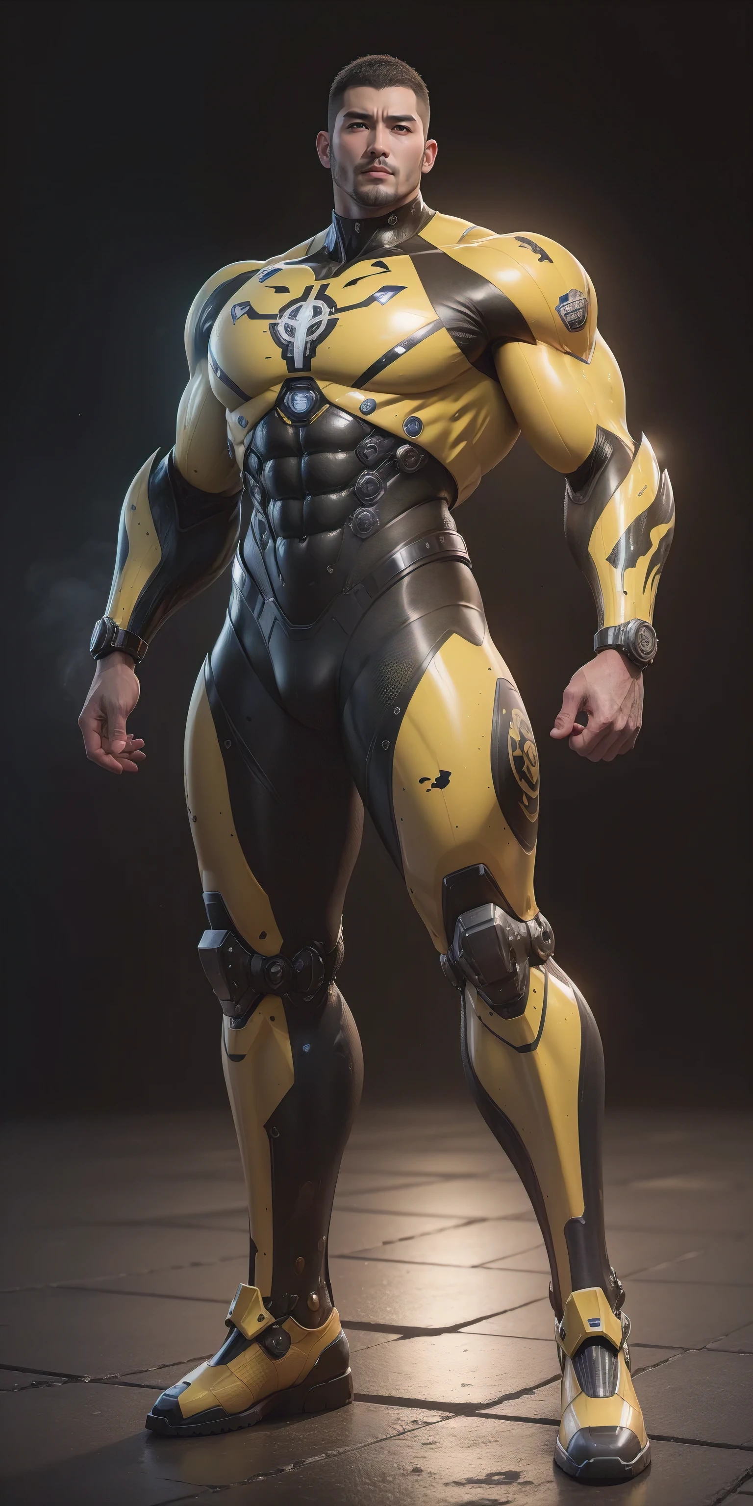 Tall giant muscular police officer，Buzz Cut，Very long legs，Yellow and black camouflage patterned nano mecha，Honeycomb pattern，Lightweight texture，Character Concept（Resident Evil - Chris Redfield，Chris Redfield）senior police officer，Small grid texture，Regular symmetrical texture pattern，Sad expression，Deep and charming eyes，Standing in a bright mechanical laboratory，Emerald Eyes Hero，Heroic male pose，Tall burly，muscular！Attractive leg muscles，High target, Burly, Heqiang，  Super Buff and Coolness， High Resolution Committee， Bigfoot yellow-gray ultra-thin nano-mechanical boots，Charismatic strongman，The bright sunshine shines on you，Matte particles，Shiny texture