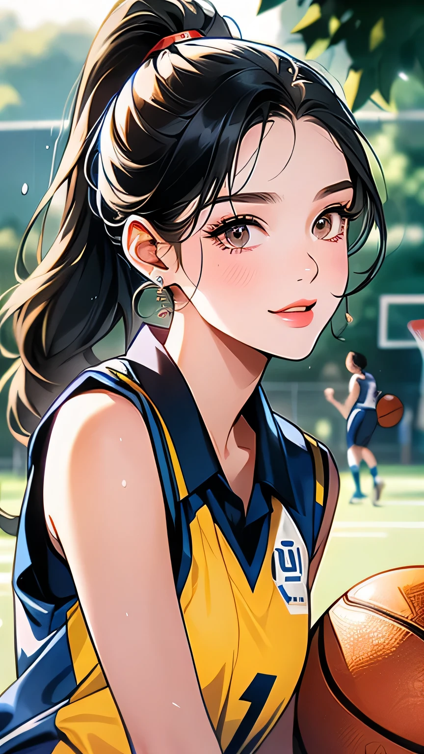 1girl, (((A very beautiful 25 year old))), cute、Looking at this、 ((Beautiful low ponytail)), Detailed face、Detailed body、とってもcute顔, Glossy Lips, Double eyelids on both eyes,Natural smile、 Natural Makeup, Long eyelashes, Shiny and smooth hair、Perfect limbs, Perfect Anatomy,(((Basketball Sleeveless Uniform)))、,(Wet with sweat), masterpiece, 最high quality, high quality, High resolution, ((Upper body portrait))、sexy、On the outdoor basketball court