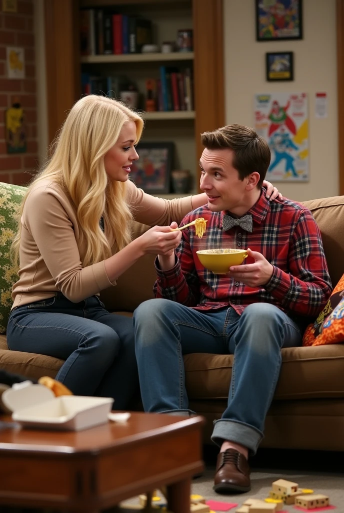Penny is feeding Sheldon.