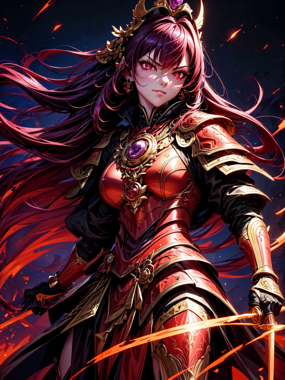 best quality,4K,high resolution),Ultradetailliert,realistisch,portrait, Lila Samurai Sukkubus mit einen katana dunkelrotem Haar, a purple-dark red armor with gold neon lights with gold trim and glowing red eyes, Leuchtende Farben, delicate features, seductive glance, Charming smile, wallende Haare, sanfte Beleuchtung