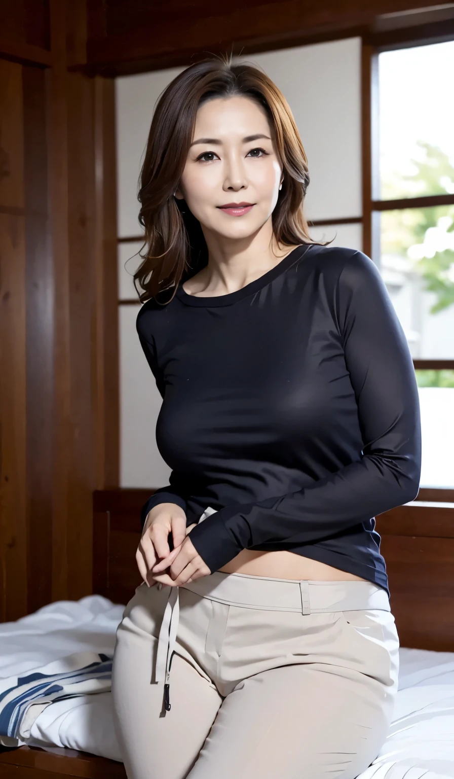 Beautiful Japanese Women、Beautiful Mature Woman、Classy sex appeal、sexy、Perfect Lighting、Beauty、Transparent beauty、8K High Resolution、Beauty in natural light、High resolution、Photorealistic、Masterpiece、smile、Gravure quality、55-year-old Mrs.、Plump body shape、Tight chino pants、Earth color t-shirt、Big Ass、Trekking along mountain trails、Carry your backpack