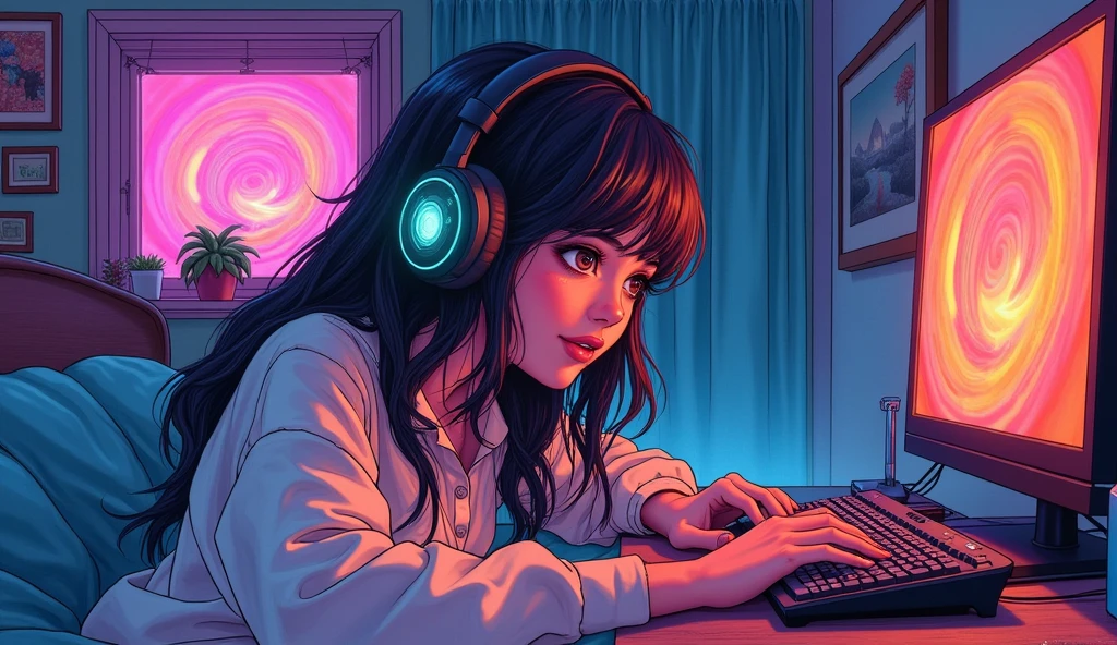 high school girl, dream, Wear headphones, night lighting,, Analog Color Theme, Lo-fi hip hop , review, flat, 2.5D ,Draw a line, Ink painting, Large gradient, Watercolor, Gouache color, , Great colorful, Outerton, Krautlock, Lofi Art, 70s style,Old Texture, amplitude,Psychedelic atmosphere, Tabletop, Amazing Technology,LoFi、excited、looks fun、Active、fine、2D anime style、Retro、Private room、During gameplay、Big Breasts、Illustrated style、Japanese、Sweatshirt