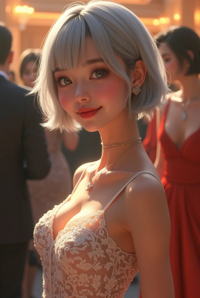 (8k, Photorealistic, Raw photo, Highest quality: 1.4),Japanese idol-style beautiful girl,1 person,18-year-old,(Short Bob),(Silver Hair :1.2),She has her hair tucked behind her ears,Clear grey eyes,Long eyelashes,(piercings(small)),(Lip gloss(red)),lips(Plump,glossy),thin long neck,necklace,ring,(sleeveless one-piece dresses((Medium length(Length above the knee)),(Lace embroidery),(Layered))),Small pouch,Hotel's spacious party venue,Standing reception style,A large number of people(Woman in a dress)Background where people are gathered,Smiling at the camera,Knee-shot snap