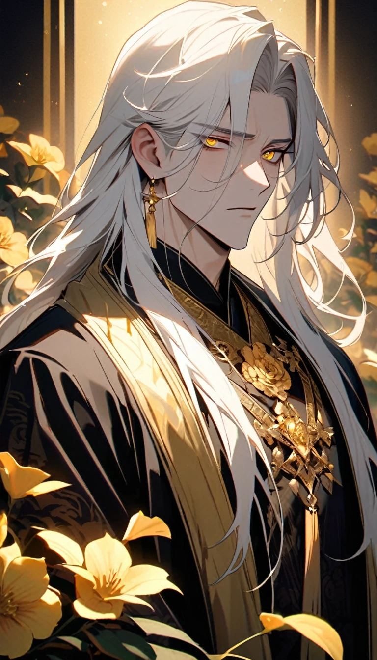 Handsome, solo, 1 male,  (Cold expression), long hair, white hair, yelow eye,sharp eyes, deep gold colored eyes, dark golden colored eyes, deep gold eyes, gold eyes, wearing a black Hanfu, bul blackHanfu, Charming male god, Slightly muscular body，High target，8K，Beautiful contrast of light and shadow，Golden flowers，Dark luxury background，(Complete upper body).