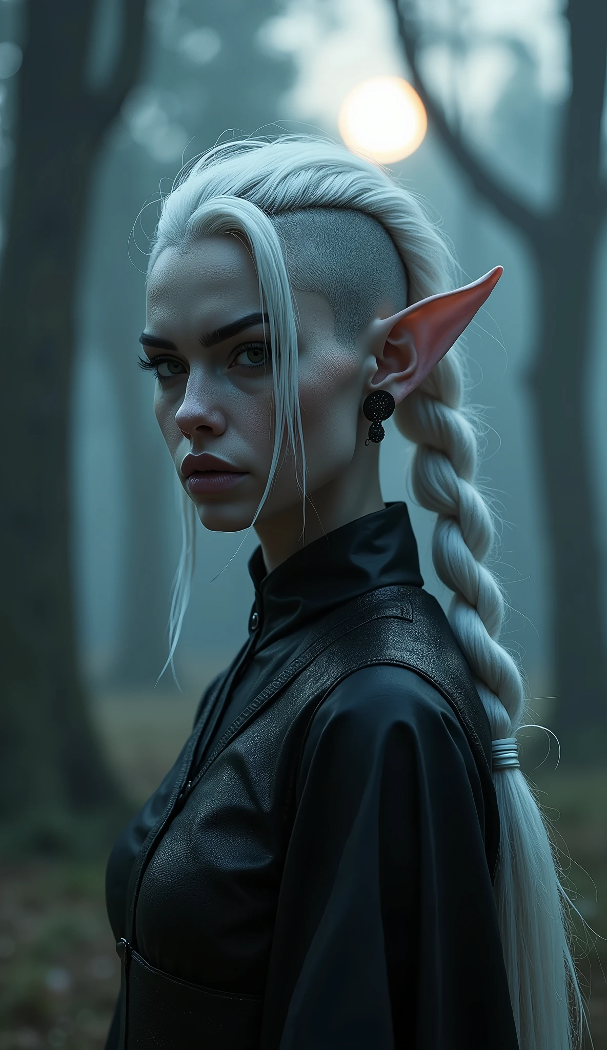 (Dark elf witch), the face of zendaya:Dua lipa, pointy ears, grey skin, white hair, (high top fade haircut), (one braid in one side of the head), masterpiece, dark forest in the background, fog, in the night, full moon ligth, 8k, detailed digital art, piercings.