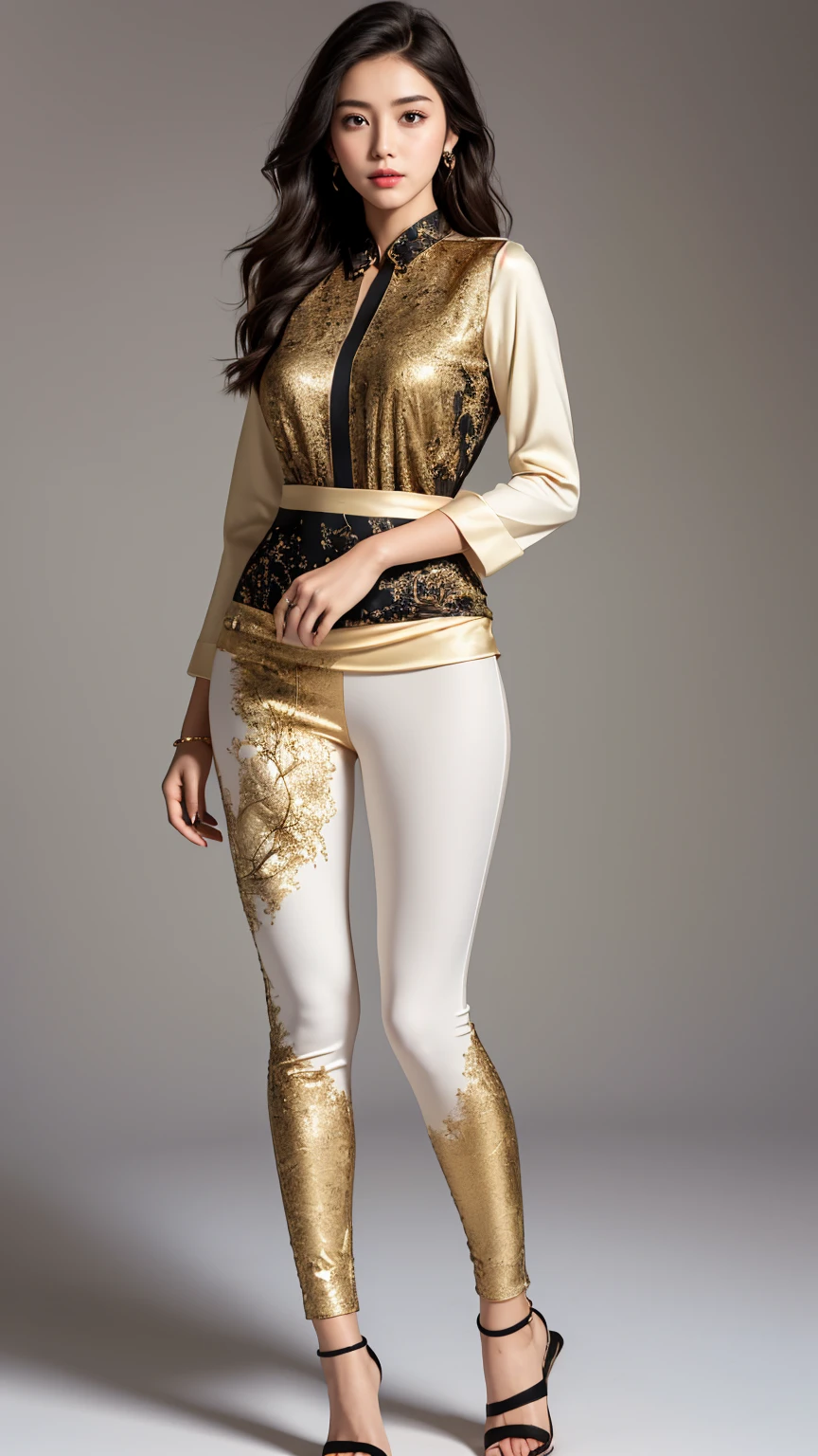 ((best quality,4k,highres,masterpiece:1.2)),((character concept art)), 1 female, age 25, Chinese Hong Kong, Hong Kong Elite, eldest sister, triad female leader, Known for her impeccable fashion sense and elegant demeanor, she is a true embodiment of the Versace brand. Her body language is as captivating as her style, always exuding confidence and high fashion. (((She's wearing an exquisite Versace Barocco-print Shirt in Silk and Barocco-print leggings gold-tone/white/black, a true testament to the brand's luxurious aesthetic.))) Paired with Versace Medusa Tribute Sandals, she carries her ensemble with an air of effortless sophistication. Her accessories include a Versace Medusa Tribute Bag and a pair of Versace Tribute Sunglasses, enhancing her overall look. ((intricate detail)), super finely detailed hands, ultra finely detailed fingers(((ten fingers))), (standing still with confidently), (full body showcase), (show full body), (no logos on background), (no logo), ((plain background)), ((plain background)), (((empty background))).