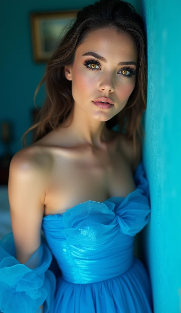 A stunning and captivating close-up photograph of a woman in a bright blue dress and matching yellow eyes. Her eyes are accentuated with dark eyeliner and mascara, creating an intense gaze. The blue dress hugs her figure, emphasizing her elegance, and has a slight train that flows gently behind her. The background is out of focus, allowing the viewer to focus on the woman's striking features.