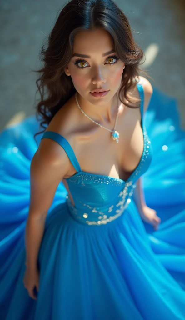 A stunning and captivating close-up photograph of a woman in a bright blue dress and matching yellow eyes. Her eyes are accentuated with dark eyeliner and mascara, creating an intense gaze. The blue dress hugs her figure, emphasizing her elegance, and has a slight train that flows gently behind her. The background is out of focus, allowing the viewer to focus on the woman's striking features.