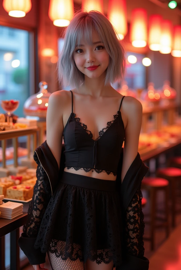 (8k, Photorealistic, Raw photo, Highest quality: 1.4),Japanese idol-style beautiful girl,1 person,18-year-old,(Short Bob),(Silver Hair :1.2),She has her hair tucked behind her ears,Clear grey eyes,Long eyelashes,(piercings(small)),(Lip gloss(red)),lips(Plump,glossy),thin long neck,(camisole(Black)),(flare skirt(Layered lace,Black)),tights(Mesh),High heels,(Sleeveless jacket((Lace embroidery),(Mesh))Layered), Venue,Standing food,Smiling at the camera,Knee-shot snap