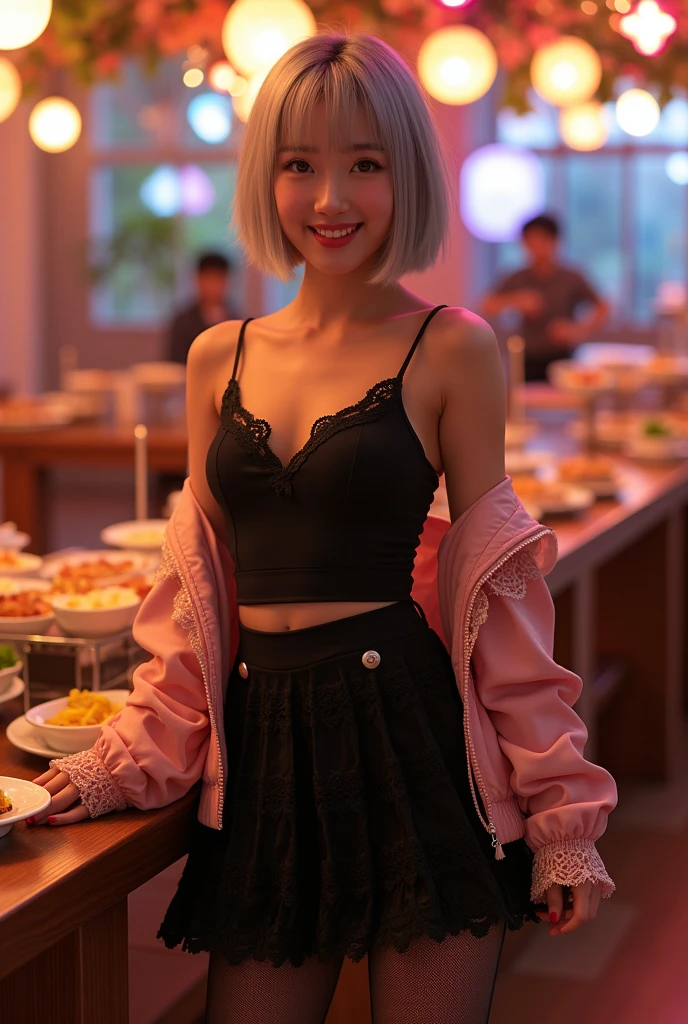(8k, Photorealistic, Raw photo, Highest quality: 1.4),Japanese idol-style beautiful girl,1 person,18-year-old,(Short Bob),(Silver Hair :1.2),She has her hair tucked behind her ears,Clear grey eyes,Long eyelashes,(piercings(small)),(Lip gloss(red)),lips(Plump,glossy),thin long neck,(camisole(Black)),(flare skirt(Layered lace,Black)),tights(Mesh),High heels,(Sleeveless jacket((Lace embroidery),(Mesh))Layered),Party Venue,Standing food,Smiling at the camera,Knee-shot snap