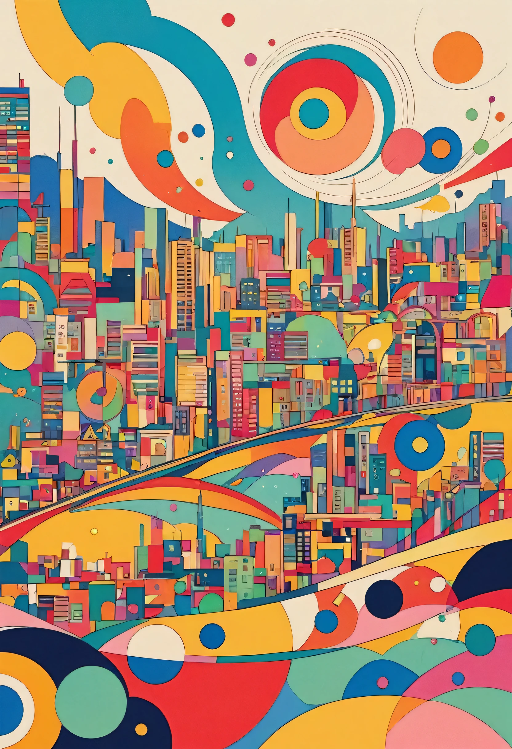 Vasily Kandinsky colorful style, Simple Line Initialism,Abstract art,(((Tokyo cityscape))), (((No people))