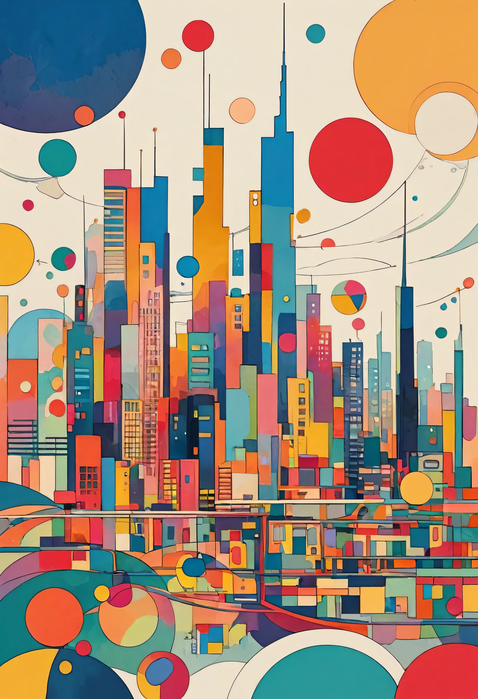 Vasily Kandinsky colorful style, Simple Line Initialism,Abstract art,(((Tokyo cityscape))), (((No people))