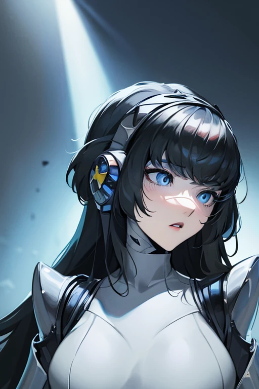 empty eyes,robotized woman ,big bust,Robot Joint ,Metal skin,Black Suit,long hair,a black suit that covers the whole body,aegis(persona3)
