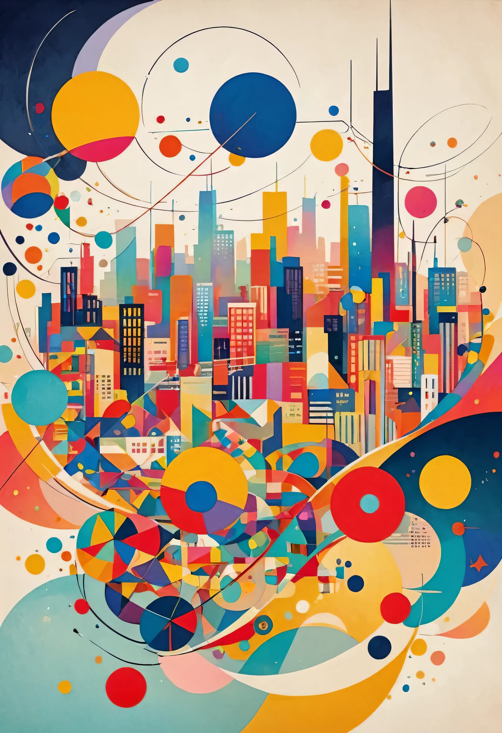 Vasily Kandinsky colorful style, Simple Line Initialism,Abstract art,(((Tokyo cityscape))), (((No people))