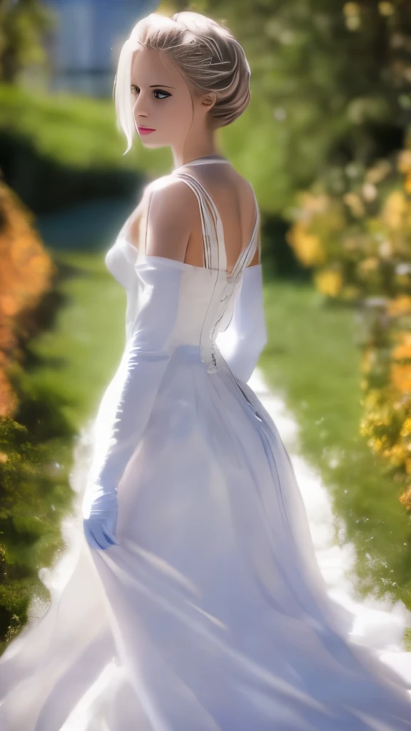 (photo realistic:1.55), masterpiece, best quality, detailed, blurry, depth_of_field, blurry_background, blurry_foreground, 1girl, gloves, white_gloves, dress, motion_blur, photo_(medium), solo, white_dress
