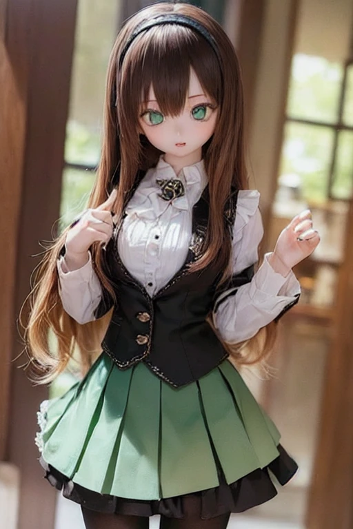 (SFW:2), photorealistic, realistic photo, 8k, ((highest quality)), ((masterpiece)), (extremely detailed), kukolnydom, doll, (mature woman, 21yo, 21 years old, solo:1.6), ((cowboy shot, standing, slim, slender, skinny, medium breasts, hairband, ascot, vest, dress shirt, long puff sleeves, pleated skirt, black pantyhose)), (green eyes, brown hair, long hair, plastic skin, looking at another, glass eyes, gradient eyes, shining eyes, detailed eyes:1.3)