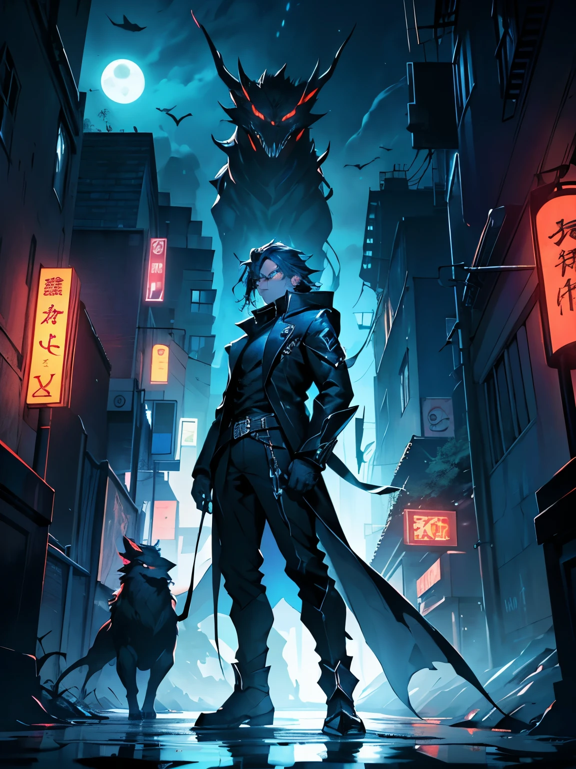, shadowy figures emerge from the darkness—black monsters and warrior-like silhouettes, their forms blending into the night. Only their piercing blue eyes stand out, glowing with an otherworldly intensity. These creatures, both menacing and majestic, move in formation, their presence commanding attention as they march towards the end of the road. Above, the sky is alive with the flapping of dark birds, their own blue eyes mirroring those of the shadows below. The creatures appear in various sizes, with smaller ones leading the way, while larger beasts loom behind, creating a sense of depth and anticipation. At the forefront stands the main character, a striking figure dressed in a sleek, stylish outfit that catches the neon light. Their hair flows dramatically in the night breeze, exuding confidence and power.