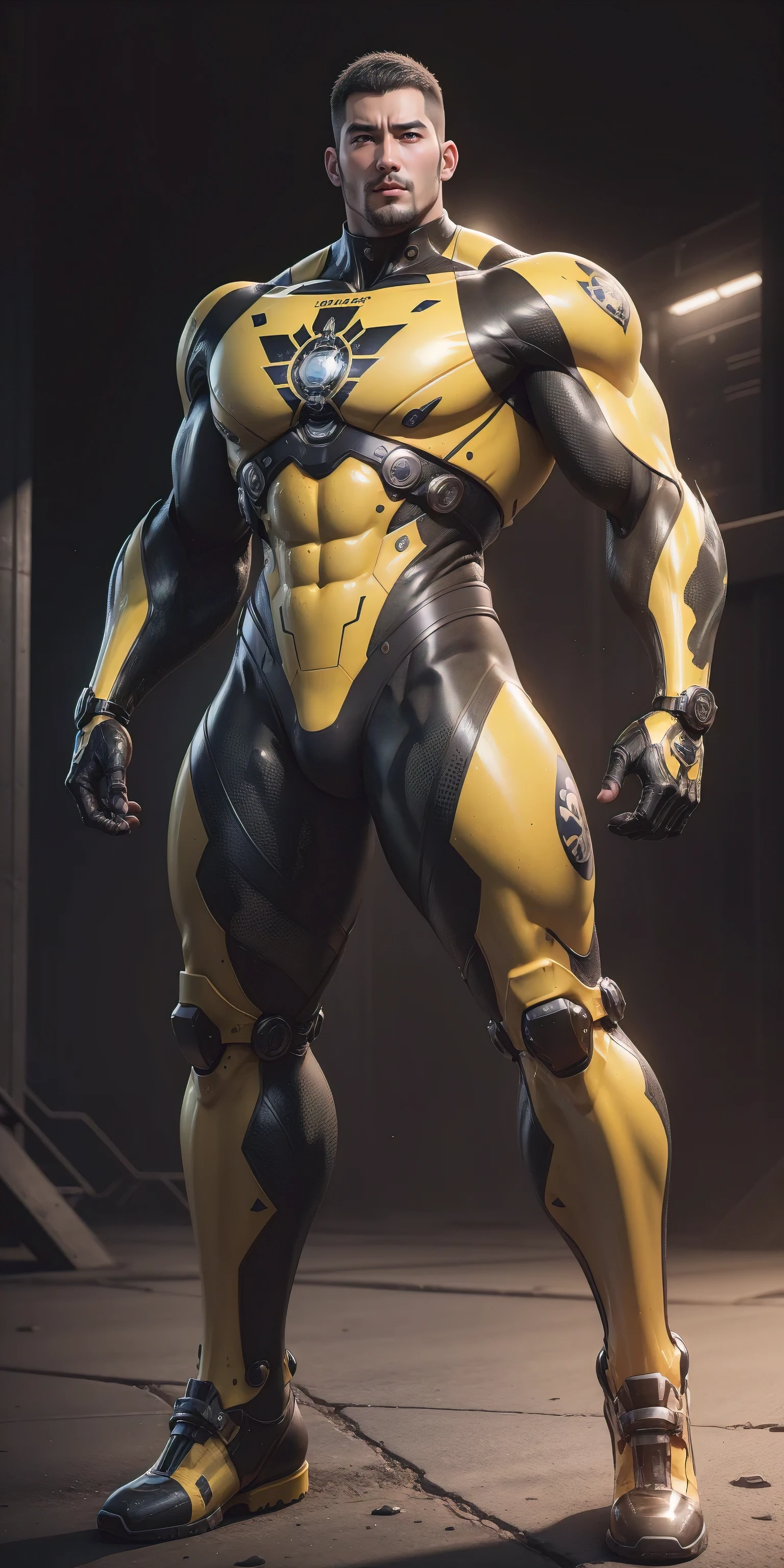 Tall giant muscular police officer,Buzz Cut,Very long legs,Yellow and black camouflage patterned nano mecha,Honeycomb pattern,Lightweight texture,Character Concept(Resident Evil - Chris Redfield,Chris Redfield)senior police officer,Small grid texture,Regular symmetrical texture pattern,Sad expression,Deep and charming eyes,Standing in a bright mechanical laboratory,Emerald Eyes Hero,Heroic male pose,Tall burly,muscular!Attractive leg muscles,High target, Burly, Heqiang, Super Buff and Coolness, High Resolution Committee, Bigfoot yellow-gray ultra-thin nano-mechanical boots,Charismatic strongman,The bright sunshine shines on you,Matte particles,Shiny texture