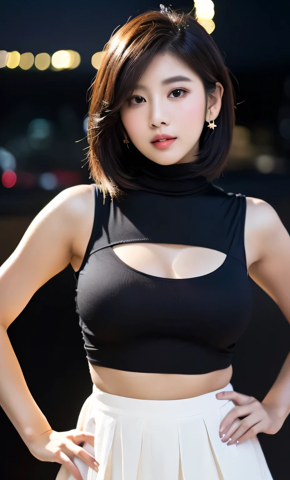 ( (((A beautiful woman))), (Starry night),(((detailed face))),(flawless complexion), perfect body anatomy, hands on hips, huge breasts,pretty,white sleeveless turtle neck, white silky clothes, purple mini-skirt, 4k , super high resolution ,(photo-realistic: 1.7),dark background,black short hair, ((SFW)), cowboy_shot, night bokeh, SFW)