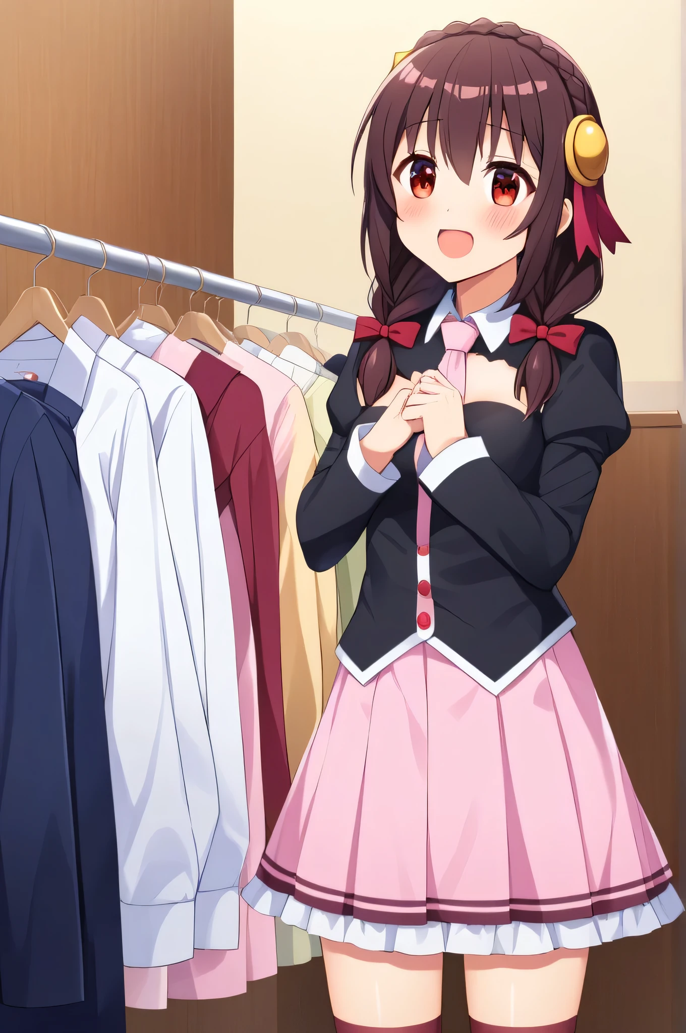alone, One girl、Crown braids in the same color as your hair, hair ornaments, Hair Ribbon, Pink tie, Black long sleeve, Pink Skirt, Knee socks, Cleavage、Black Hair、(A shy smile:1.5)、(blush:1.2)、BREAK、cloth shop、(Holding a hanger with a white dress on it:1.2)