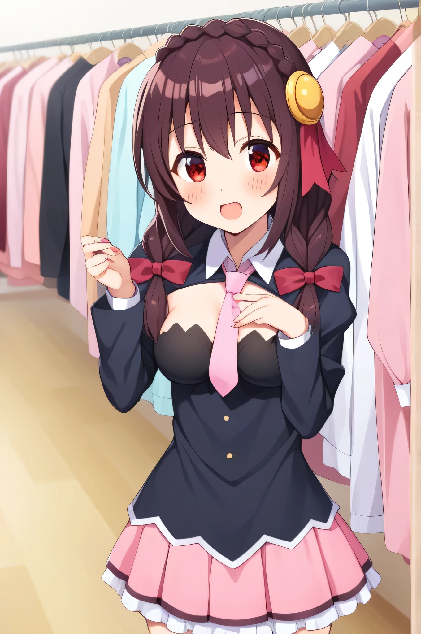 alone, One person, Yunyun, (Mouth open)、 (blush:1.2)、Crown braids of the same color as your hair, Red Eyes、hair ornaments, Hair Ribbon, Pink tie, Black long sleeve, Pink Skirt, Knee socks, Cleavage, cloth shop、They seem to be enjoying choosing clothes.、Standing、There's a one-piece hanging.、heart、♥