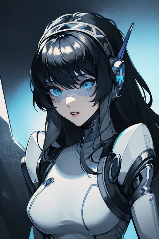 empty eyes,robotized woman ,big bust,Robot Joint ,Metal skin,Black Suit,long hair,a black suit that covers the whole body,aegis(persona3)