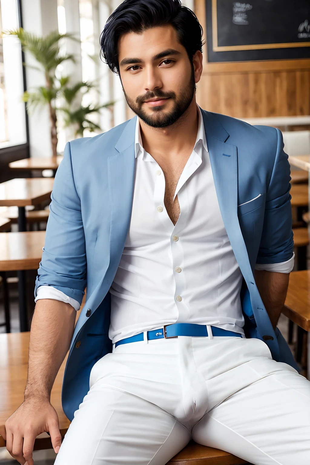 A handsome and sexy man wearing a casual white short and blue suit,and formal pant, , he has gorgeous face,and stylish black hair, and short beard, he is sitting in a cafe, homoerotic, nsfw ,open legs, alluring pose,(pussy)