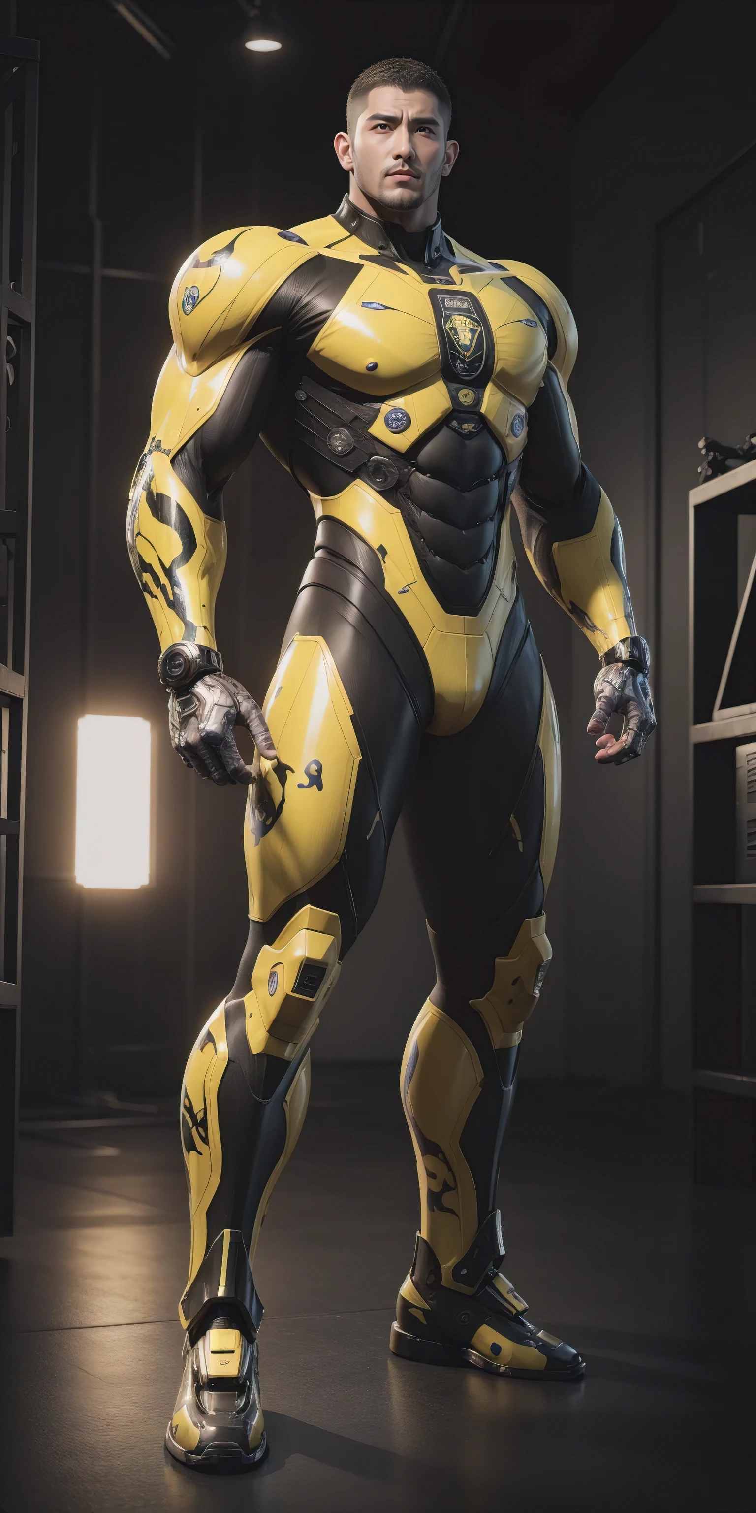 Tall giant muscular police officer,Buzz Cut,Very long legs,Yellow and black camouflage patterned nano mecha,Honeycomb pattern,Lightweight texture,Character Concept(Resident Evil - Chris Redfield,Chris Redfield)senior police officer,Small grid texture,Regular symmetrical texture pattern,Sad expression,Deep and charming eyes,Standing in a bright mechanical laboratory,Emerald Eyes Hero,Heroic male pose,Tall burly,muscular!Attractive leg muscles,High target, Burly, Heqiang, Super Buff and Coolness, High Resolution Committee, Bigfoot yellow-gray ultra-thin nano-mechanical boots,Charismatic strongman,The bright sunshine shines on you,Matte particles,Shiny texture