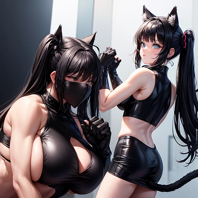 she is wearing black clothes, High Cut Bodysuit.A woman doing professional wrestling It has cat ears and a tail... Twin tails Open Finger Gloves Fighting in the ring
