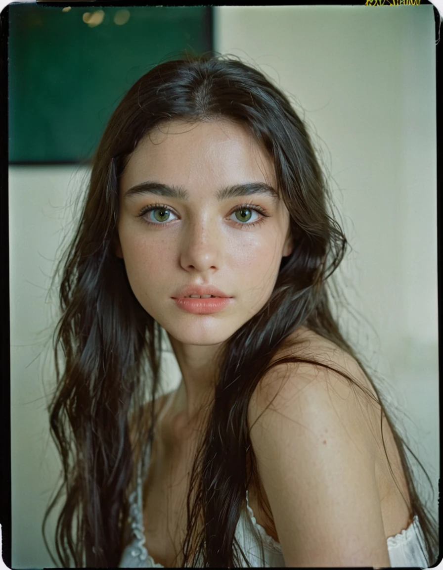 photoshoot, photo studio, RAW photo, editorial photograph, film stock photograph, cinematic, posing, amateur photo, face portrait, analog, raw, f2, 35mm, an (amateur photo), flash photography, taken on an old camera, polaroid, 8k, highly detailed, (high quality, best quality:1.3), Extremely high-resolution, film grain, very long hair, picture of a beautiful young woman, NOT dasha_taran, Nina Fortiner, sfw, ((natural black hair)), long (waist-length:1.2) combed black hair, ((macro lens)), natural, green hazel eyes, (realistic perfect human eyes), serious stare, ultradetailed realistic eyes, feminine expressions, photography, dslr, 35mm, Fujifilm Superia Premium 400, Nikon D850 film stock photograph, Kodak Portra 400 f1.6 lens, 8k, UHD, european woman, realistic skin, skin pores, (whole head, do not crop head), whole head is visible, midwest facial features, from side, expresionless, perfect teeth, simple background